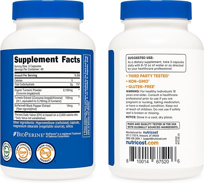 Nutricost Turmeric Curcumin with BioPerine and 95% Curcuminoids, 2300mg, 120 Capsules, Veggie Capsules, 767mg Per Cap, 40 Servings, Gluten Free, Non-GMO (Pack of 2)