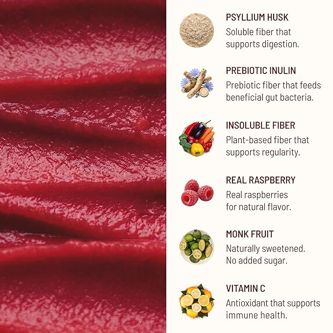 The Fiber Gel High Dietary Fiber Prebiotic Gel Formula — 100% Natural & Clean Label — Plant-Based Psyllium Husk & Inulin Complex — Keto Friendly, Vegan, No Added Sugar — Raspberry, 16 oz