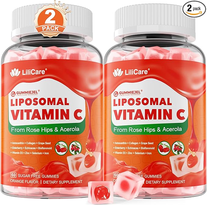 Natural Liposomal Vitamin C 1000mg Gummies for Adults Kids 9+, Chewable Vitamin C w/ 11mg Zinc, D3, Elderberry, Echinacea, Bioflavonoid,Immune Support, Whole Food VIT C from Fruits, Sugar Free, 2Pack