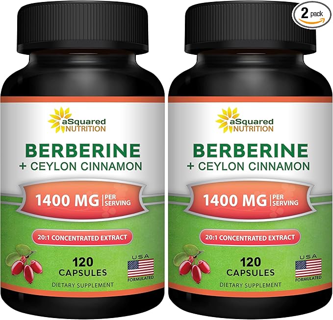 aSquared Nutrition Berberine with Ceylon Cinnamon Supplement - Max Strength Complex - 120 Capsules - Berberine HCl 1200mg Per Serving - Extract Plus Pills Alternative to Gummies & Drops (Pack of 2)