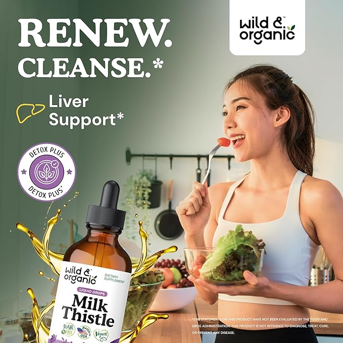 Wild & Organic Milk Thistle Liquid Drops - Liver Cleanse Detox - Silymarin Milk Thistle Supplement for Liver Support - Add to Tea - Silybum Marianum Seed Extract Tincture - Sugar & Alcohol-Free - 4 oz