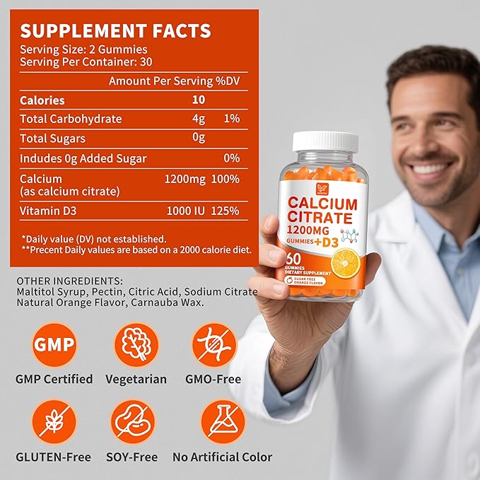 (3 Pack) Calcium Citrate 1200 mg with Vitamin D3 Gummies for Women & Men,Calcium Supplements,High Absorption for Bone Muscle Healthy - Easy to Digest, Sugar Free,Vegan,Orang Flavor,60 Day Supply