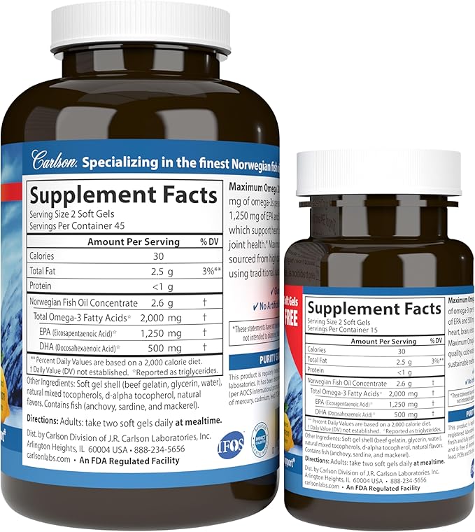 Carlson - Maximum Omega 2000, 2000 mg Omega-3 Fatty Acids Including EPA and DHA, Wild-Caught, Norwegian Fish Oil Supplement, Sustainably Sourced Fish Oil Capsules, Lemon, 90+30 Softgels