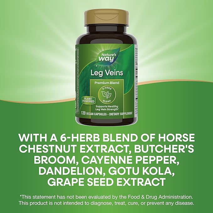 Nature's Way Leg Veins, Supports Healthy Leg Vein Strength*, 6-Herb Blend, With Horse Chestnut Extract, Dandelion, Gluten Free, 120 Vegan Capsules (Packaging May Vary) - 2 Pack