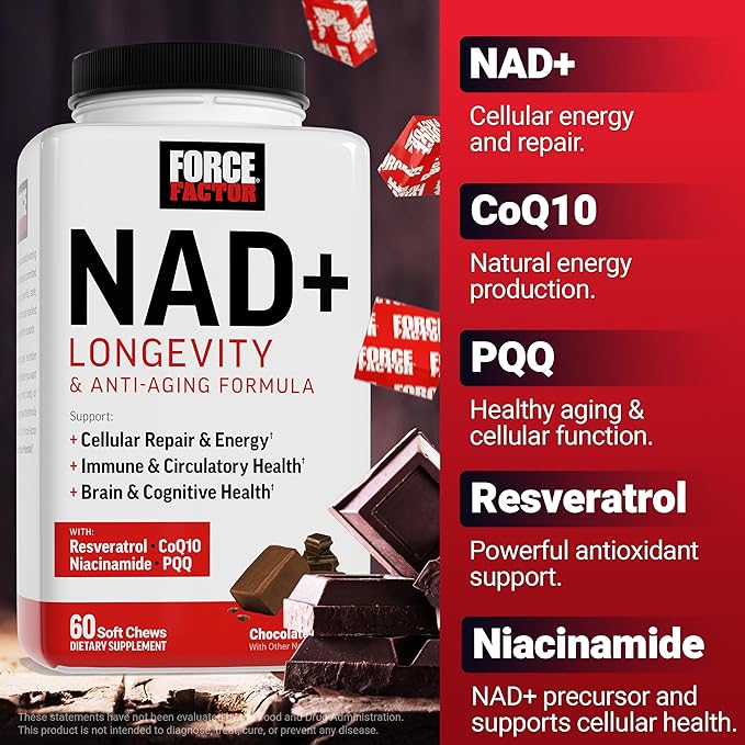 Force Factor NAD+ Longevity, Support Cellular Energy & Repair, Anti-Aging Formula with Antioxidant Support, Promote Brain & Cognitive Health, Chocolate, 60 Soft Chews