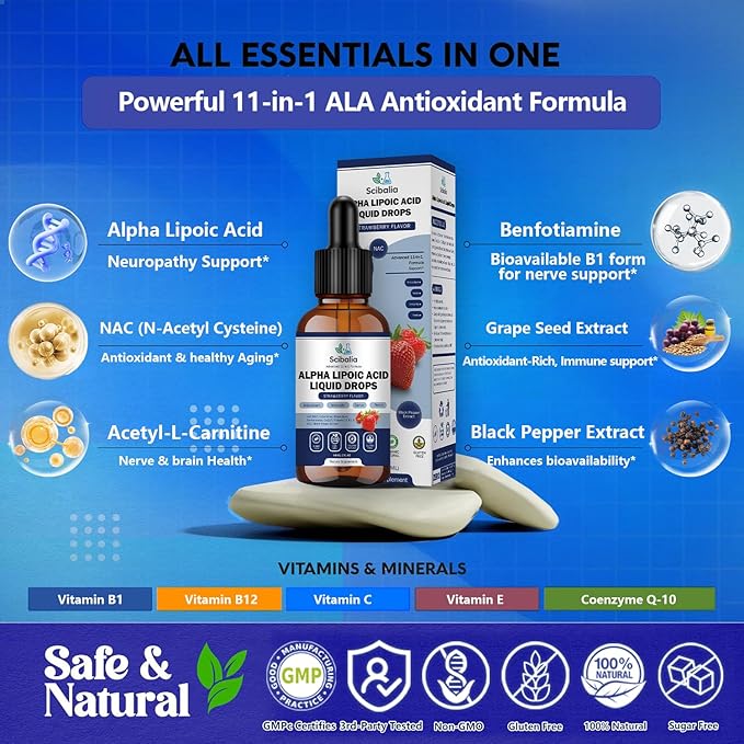 Alpha Lipoic Acid 1000mg Liquid Drops, Max Strength 11-in-1 ALA Supplement w. Acetyl L-Carnitine Benfotiamine & B1 B12 C E, Alpha-Lipoic Acid Nutritional for Neuropathy Nerve Energy Antioxidant