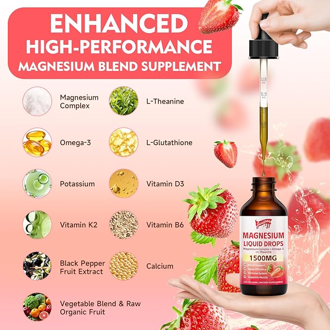 2 Pack Magnesium Glycinate Liquid Drops, 1500mg Magnesium Liquid Supplement with Vitamin B6, D3, L - Theanine, Omega3,Support Night, Muscle, Bone, Mood, Strawberry Flavor - 4 Fl Oz (120ml) Bottle