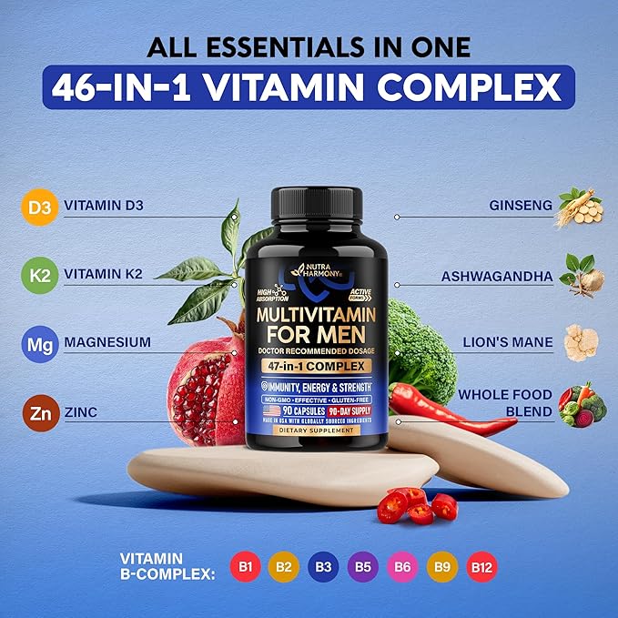Multivitamin for Men - B-Complex | Whole Foods & Enzymes - Energy, Focus & Brain | Men's Health Complex - 46in1 Mens Multivitamin - Bioavailable & Gentle on Stomach - Made in USA - 90 Capsules, 1/Day
