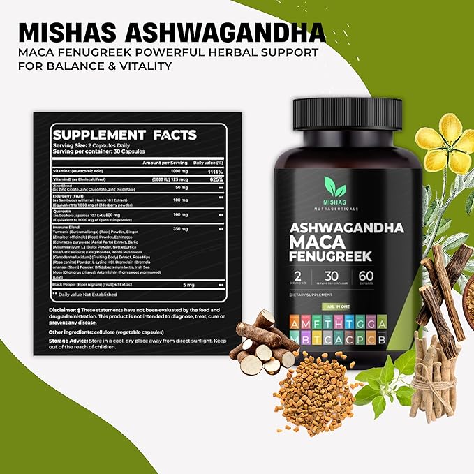 Mishas Nutraceuticals Ashwagandha, Maca Root, Fenugreek Supplement with Ginseng – Supports Stress Relief, Mood Balance & Thyroid Health – 60 Capsules