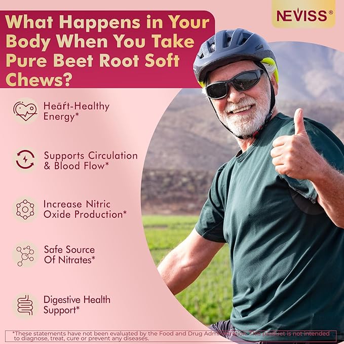 NEVISS Beet Héāŗt Chews 1500mg, Nitric Oxide and Blood Préssũre Support, 5 in 1 Beets Supplements w/Grape Seed, L-Citrulline, Vitamin B6 & B12 for Energy & Circulation Support, 60 Chews, Sugar-Free