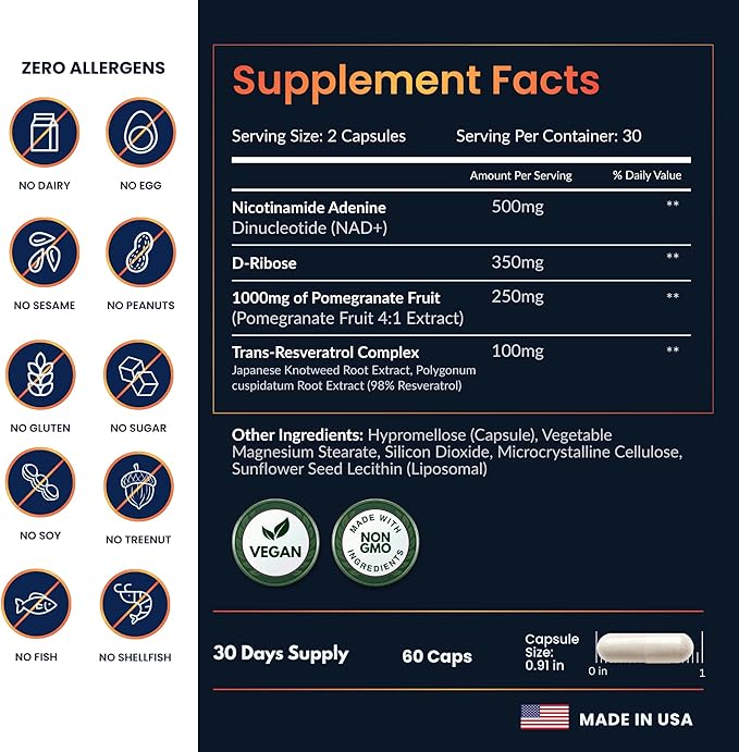 ForestLeaf NAD Resveratrol Capsules, Liposomal NAD Supplement for Women and Men with D-Ribose and Pomegranate, NAD+ for Energy, Focus and Anti-Aging Support, NMN Supplement Alternative (60 Caps)
