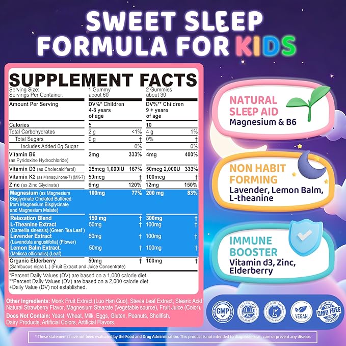 Kids Sleep Gummies, NO Melatonin Sleep Aid Gummies w/ Magnesium Glycinate, Magnesium Malate, L-Theanine, Lavender, B6, Zinc, D3K2 for Restful Sleep, Relax Brain & Muscle, Immune Support, Non-GMO 2Pack