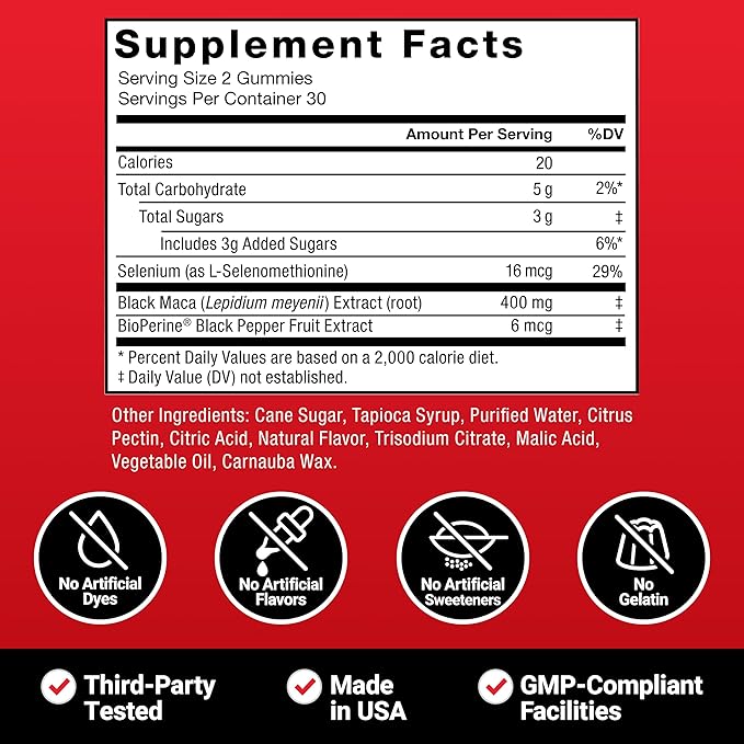 Force Factor Black Maca Gummies for Men & Women, Boost Energy, Strength, Drive & Vitality, BioPerine & Selenium for Superior Absorption, Peruvian Black Maca Root Extract, Passion Berry, 60 Gummies