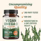 Vegan Omega 3 Algae Oil | Plant Based DHA EPA | Sustainably Sourced, No Carrageenan, Non GMO | Heart, Brain, and Eye Health | Fish Oil Alternative | Algae Omega 3 Supplement | 60 Softgel Capsules