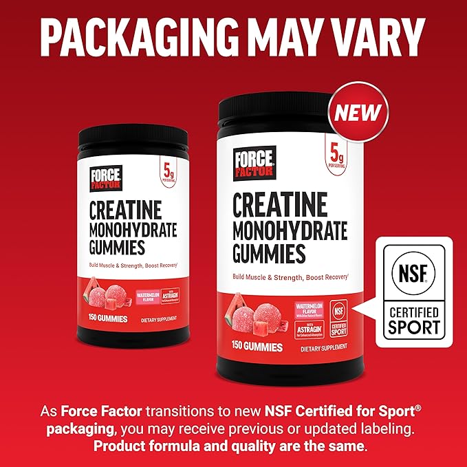 Force Factor Creatine Monohydrate Gummies, NSF Certified, 5g Dose for Men & Women to Support Muscle, Strength, Recovery, Cognitive Health & Memory, Packaging May Vary, Watermelon, 150 Gummies