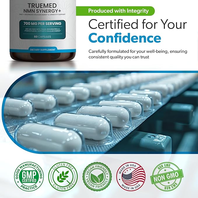 NMN Synergy+ 700mg – Premium NMN Supplement with Resveratrol & Pterostilbene | Advanced NAD+ Supplement for Cellular Energy, & Wellness Support | Non-GMO, Vegan, 60 Capsules