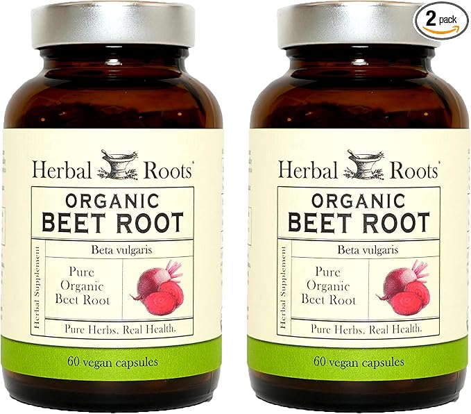 Herbal Roots Organic Beet Root Powder Capsules - 1,500mg per Serving - Certified USDA Organic - Non-GMO - 60 Count Vegan Capsules (Pack of 2)