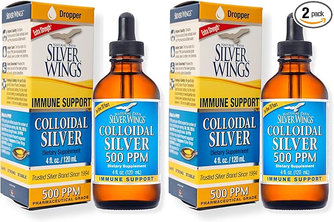 Natural Path Silver Wings Colloidal Silver 500ppm Immune Support Supplement 4 fl. oz. Dropper,(Pack of 2)