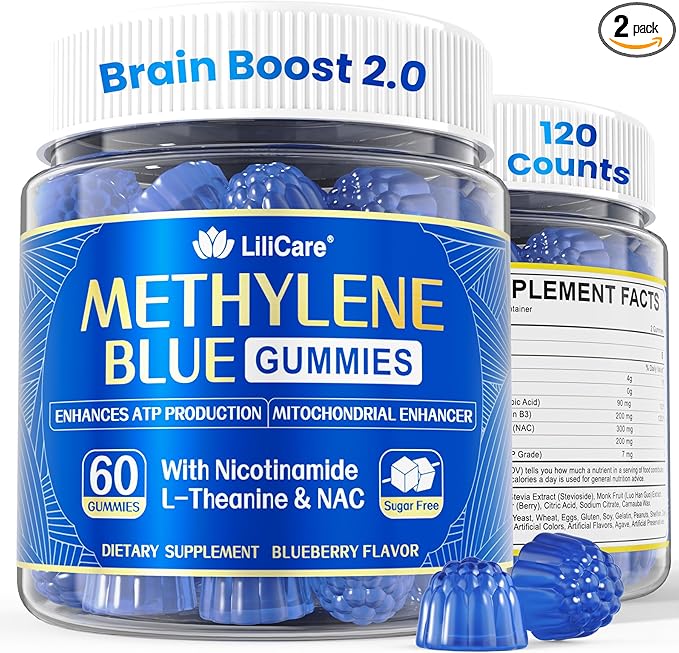 Methylene Blue Gummies for Humans | Upgraded High-Potency Antioxidant & Brain Booster Supplement for Cognitive, Energy, Cellular& Mitochondrial Health | Fast-Absorbing, Vegan, 120 Counts