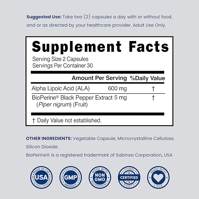 Alpha Lipoic Acid 600mg per Serving 60 Capsules - Potent Antioxidant for Neuropathy and Cardiovascular Health (ALA Supplement) - Third Party Tested, Non-GMO, Gluten Free, Vegan & USA Made