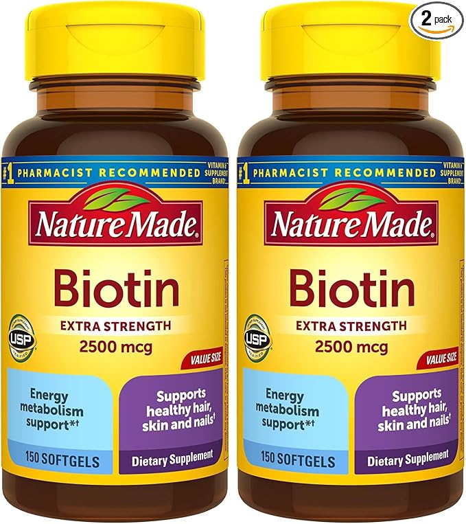 Nature Made Biotin 2500 mcg Extra Strength, Biotin Supplements Support Healthy Hair Skin & Nails, 150 Softgels, 150 Day Supply, (Pack of 2)