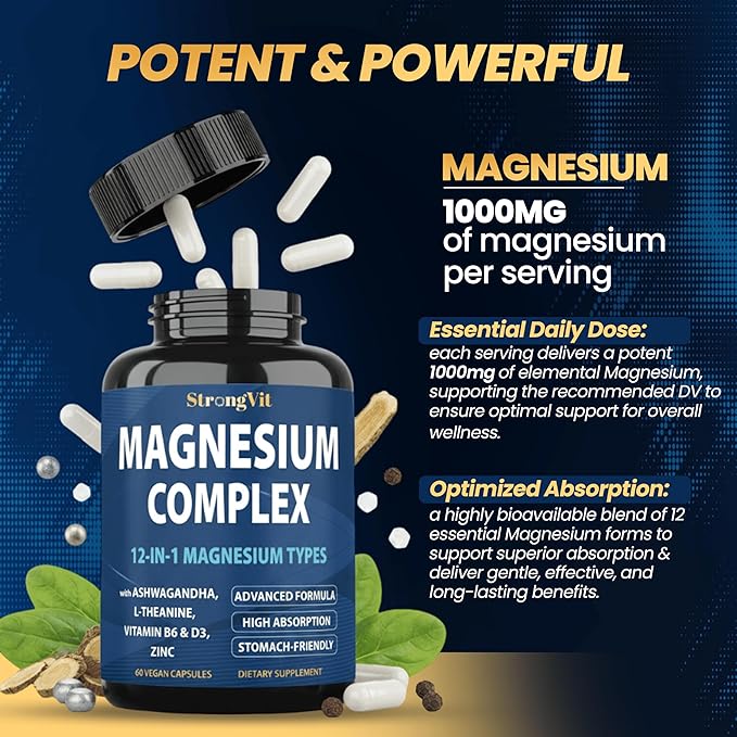 1000mg Magnesium Complex for Women and Men, 12 in 1 Magnesium Supplement with Ashwagandha, Zinc, D3, L-theanine. Easy to Swallow, High Absorption, Sleep Support & Stress Relief (60 Capsules)