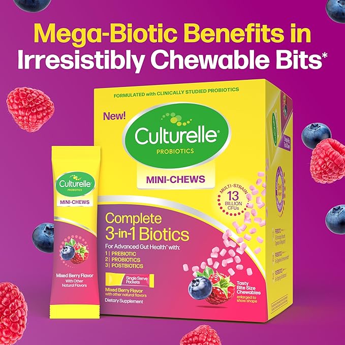 Culturelle® Complete 3-in-1 Biotics Mini-Chews Daily Probiotic for Digestive Health with Prebiotics and Postbiotics for Gut Balance, Mixed Berry Flavor, 28 Count