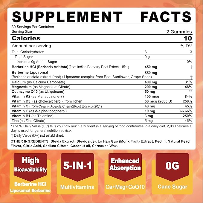 Berberine Supplement Gummies Sugar Free, Extra Absorption with Liposomal Berberine & Berberine HCI, Calcium, Magnesium, AMPK Activitor for Sugar & Level, Immune, Energy, Metabolism -Pack of 2