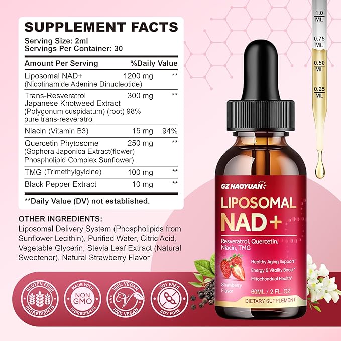 Liposomal NAD Supplement - 1200mg NAD+ Liquid Drops for Women & Men with Nicotinamide, Resveratrol, Quercetin, TMG, Black Pepper Extract - Brain & Cellular Mitochondrial Health, Anti-Aging, Longevity