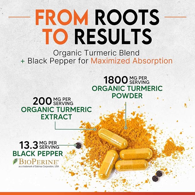Turmeric Curcumin Supplement - 1800mg Organic Turmeric Per Serving - 95% Curcuminoids & BioPerine Black Pepper Extract for Best Absorption - Natural Vegan Joint Support, Bottled in USA - 240 Capsules