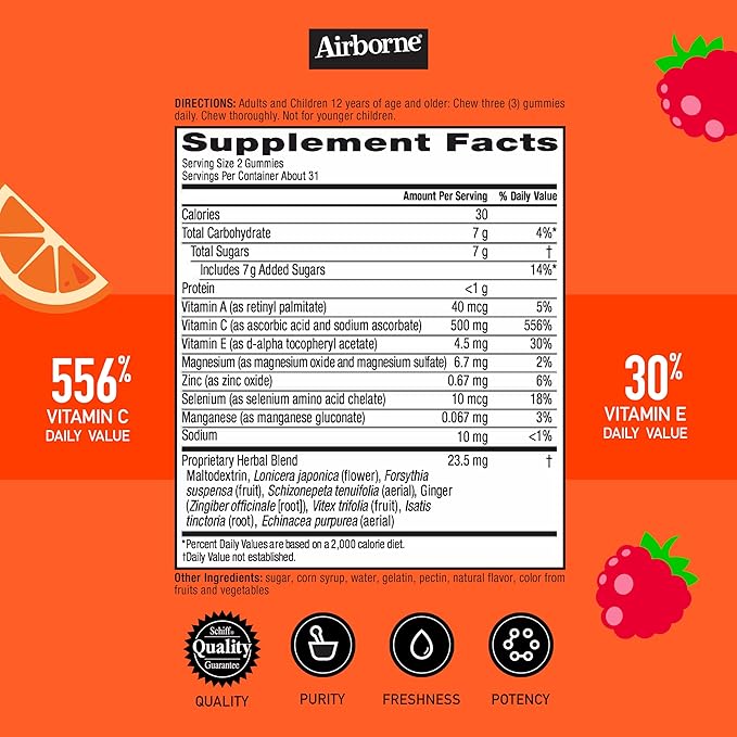 Airborne 500mg Vitamin C + Zinc Immune Support Supplement Gummies for Kids, Assorted Fruit Flavor, Gluten Free Crafted Blend with Powerful Antioxidants Vitamins C & E, 63 Gummies