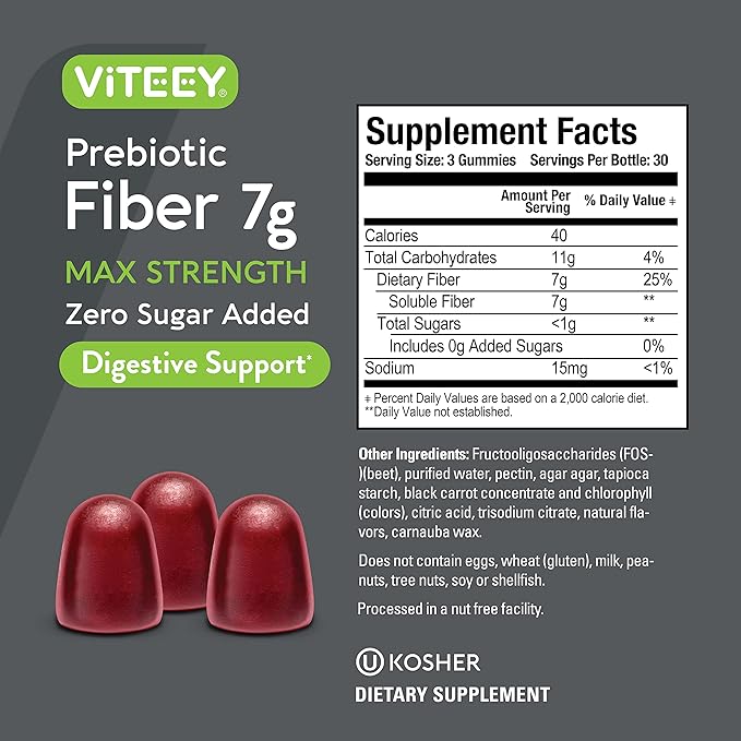 VITEEY Prebiotic Fiber Gummies for Adults, 7g - Gut Health & Digestive Soluble Fiber Supplement Gummies - Zero Sugar Added, Vegan, Gluten-Free - 180 Count
