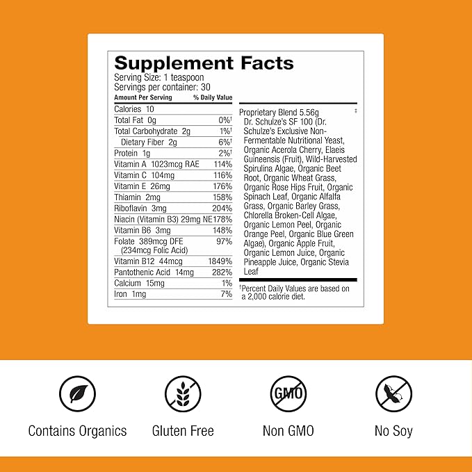 Dr. Schulze's Superfood 100 - Everyday Superfood Supplement to Support Overall Wellness - Multivitamin for Nutrition & Energy - Gluten & Dairy-Free - Citrus Pineapple Flavor Powder - 30 Servings