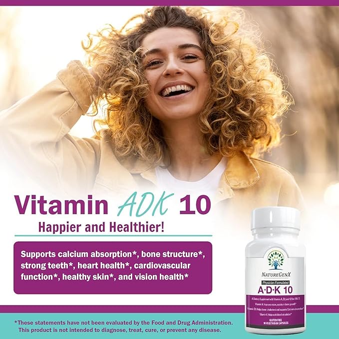 ADK10 – Vitamins A, D3 250 mcg & K2 MK-7 for Bone, Heart & Immune Health – Non-GMO, Gluten-Free, Soy-Free – 90 Capsules (3-Month Supply)