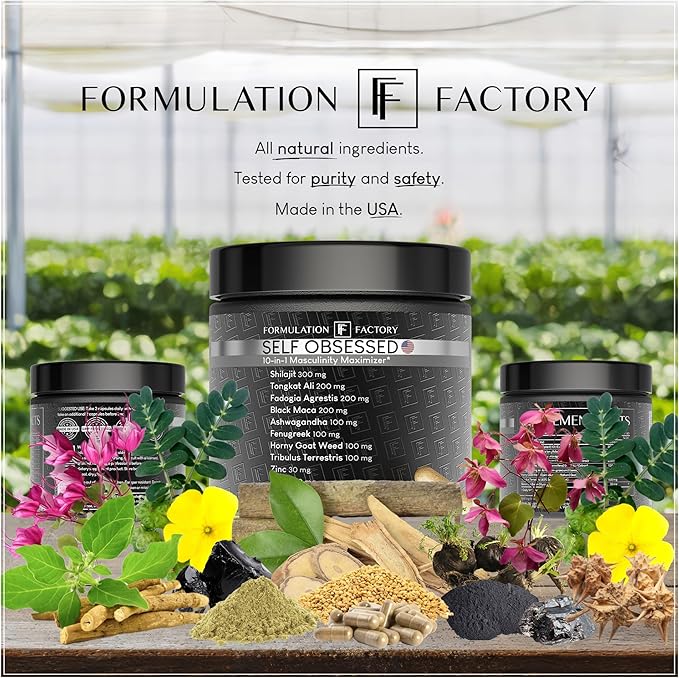 Formulation Factory Self Obsessed Masculine Vitality & Testosterone Support - 10-in-1 Complex with Shilajit, Tongkat Ali, & Fadogia Agrestis - 240 Capsules, 4 Month Supply