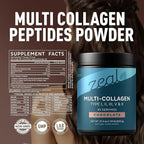 Zeal Naturals Multi Collagen Protein Peptides Powder Types I II III V X - Vitamin C, Biotin & Hyaluronic Acid - Hair, Skin & Nails - Marine, Bovine, Chicken & Eggshell - Chocolate, 45 Servings