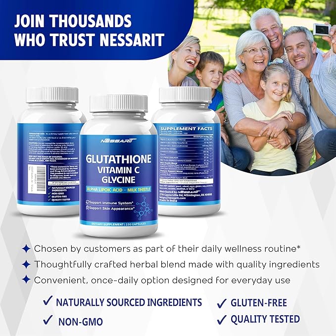 Glutathione, Vitamin C, Glycine, Alpha Lipoic Acid & Milk Thistle – Support Immunity & Radiant Skin – 150 Capsules