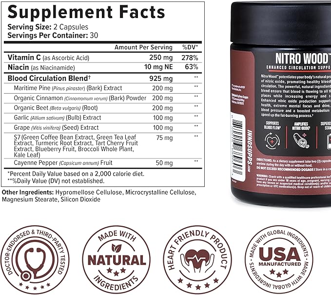 InnoSupps Nitro Wood - Supports Healthy Blood Flow | Nitric Oxide Supplement | Natural Immune Support | (60 Vegetarian Capsules)