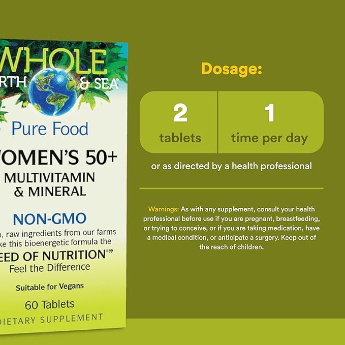 Natural Factors Whole Earth & Sea Women's 50+ Multivitamin & Mineral - Daily Multivitamin with Calcium, Selenium & More - Supports Bone & Brain Health - 60 Tablets (30 Servings)