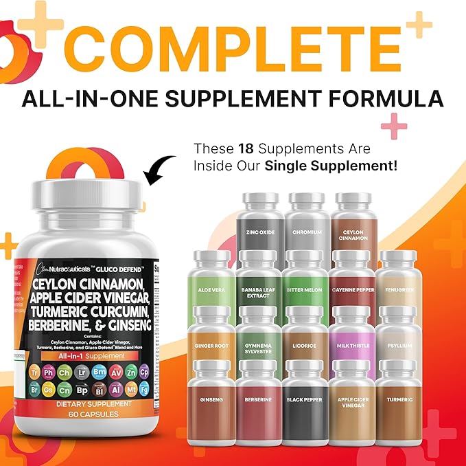 Clean Nutraceuticals Ceylon Cinnamon Capsules + Berberine Turmeric Apple Cider Vinegar Ginseng Bitter Melon Gymnema Milk Thistle Fenugreek Supplement (60 Count (Pack of 2))