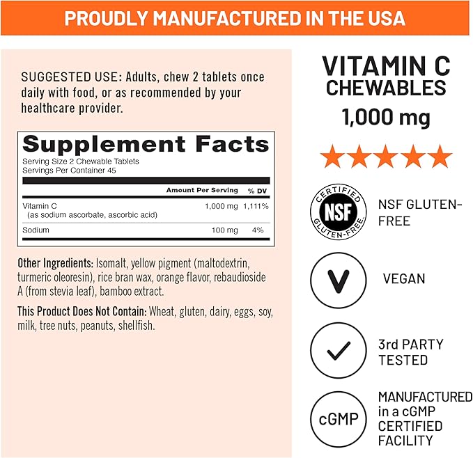 NatureWise Extra Strength Vitamin C Chewable 1000mg for Adults - Natural Orange Flavor - Immune System & Antioxidant Support - Non-GMO, Vegan & Sugar Free - 90 Chewable Tablets[45-Day Supply]
