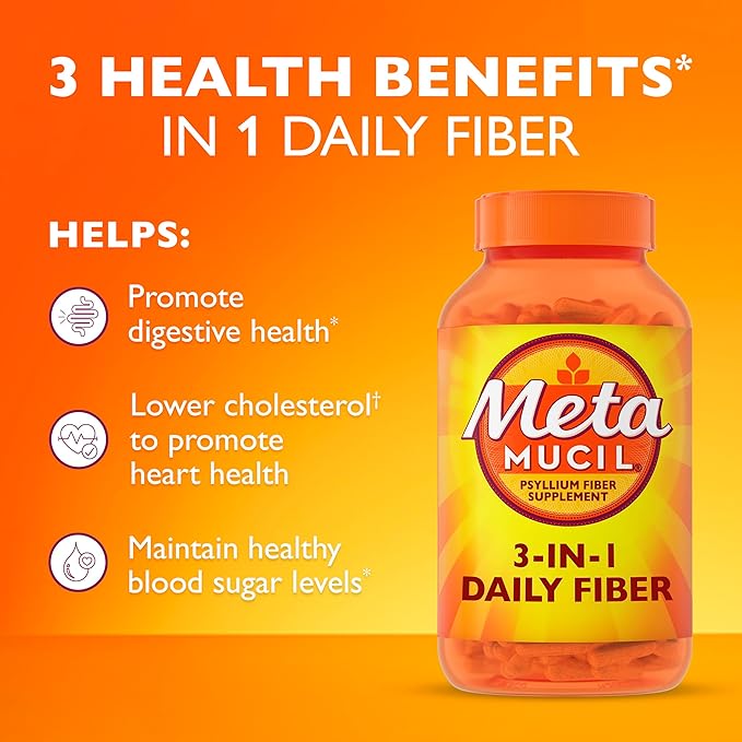 Metamucil 3-in-1 Fiber Capsules, Daily Psyllium Husk Fiber Supplement, Fiber Capsules for Digestive Health, Plant-Based Psyllium Husk Fiber Capsules, #1 Doctor Recommended Fiber Brand, 300ct Capsules