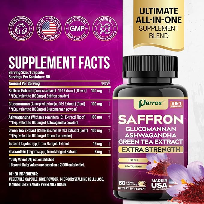 Saffron Supplement with Glucomannan, Ashwagandha, Green Tea Extract, Zeaxanthin & Lutein, Vision Support & Daily Wellness Formula, Extra Strength Plant-Based Capsules, 2 Month Supply (60 Caps)
