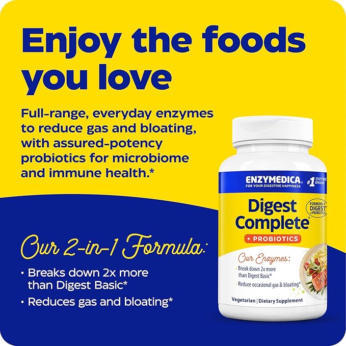 Enzymedica, Digest Complete + Probiotics, Full-Range, Everyday Enzymes with 800 Million CFU Active Cultures per Capsule, 90 Capsules
