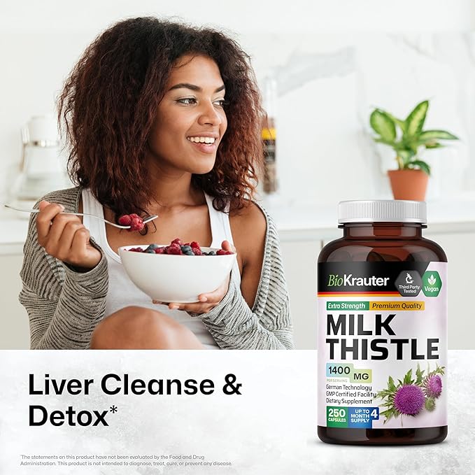 BIO KRAUTER® Milk Thistle Supplement for Liver Cleanse & Detox - Pure Vegan Milk Thistle Extract 1400 mg per Serving Сontains Silymarin - 250 Capsules, 125 Days of Supply, Non-GMO