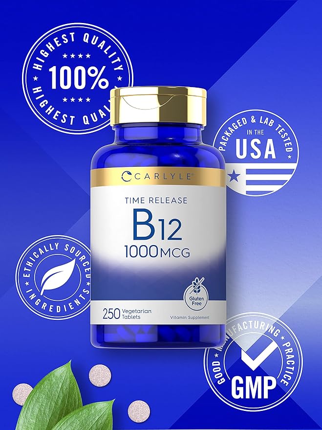 Carlyle B12 Vitamin 1000 mcg | 250 Count | Time Release Tablets | as Cyanocobalamin | Vegetarian, Non-GMO & Gluten Free Supplement