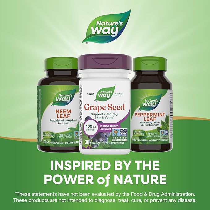 Nature's Way Grape Seed Standardized Extract, Supports Healthy Skin and Veins*, Antioxidant Support*, Non-GMO Project Verified, 30 Vegan Capsules (Packaging May Vary)