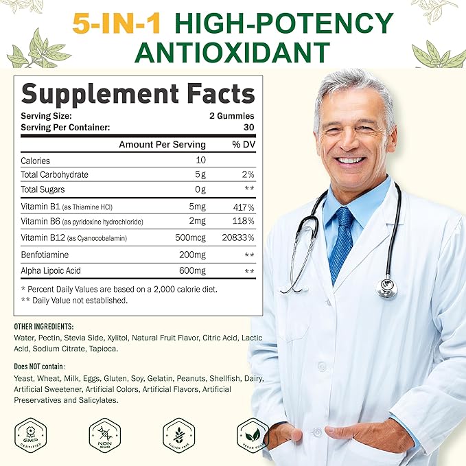 Alpha Lipoic Acid 600mg with Benfotiamine for Nerve Support, Antioxidant Support, ALA Supplement R Alpha Lipoic Acid Gummies - Vegan, Sugar-Free, 2 Packs, 120 Counts