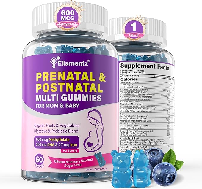 Prenatal Vitamins for Women with Methylfolate, Vegan Omega-3 DHA, Organic Food Blend, Probiotics, Iron, Vitamin D3 B6 B12, Choline, Sugar Free Multivitamin for Women During & Post Pregnancy, 60 Cts