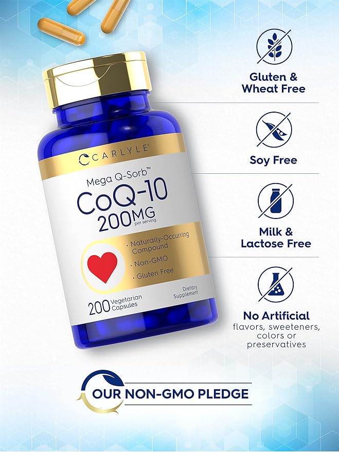 Carlyle CoQ10 200mg | 200 Capsules | Mega Q-Sorb Coenzyme Q-10 | Vegetarian, Non-GMO, Gluten Free Supplement